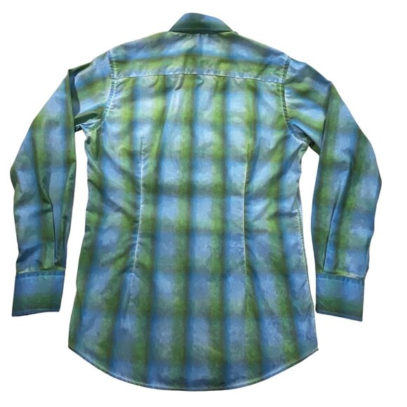 Georg Roth Shirt Mens S Plaid Ombre Flip Cuff Blue Green Button Up 100% Cotton - Picture 3 of 11